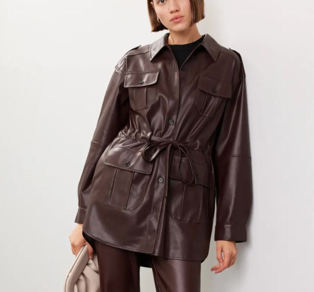 Marissa Webb Brown Faux Leather Jacket SIZE 6 Shacket Tie Waist Designer $435